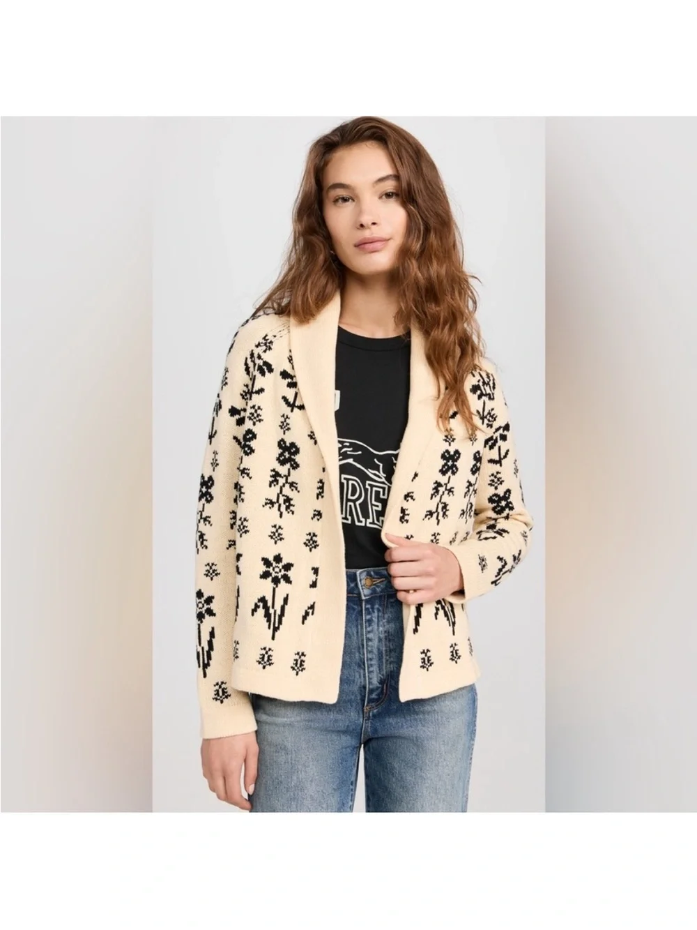 THE GREAT. Lodge Cardigan, Cream and Black Garden - Picture 3 of 7